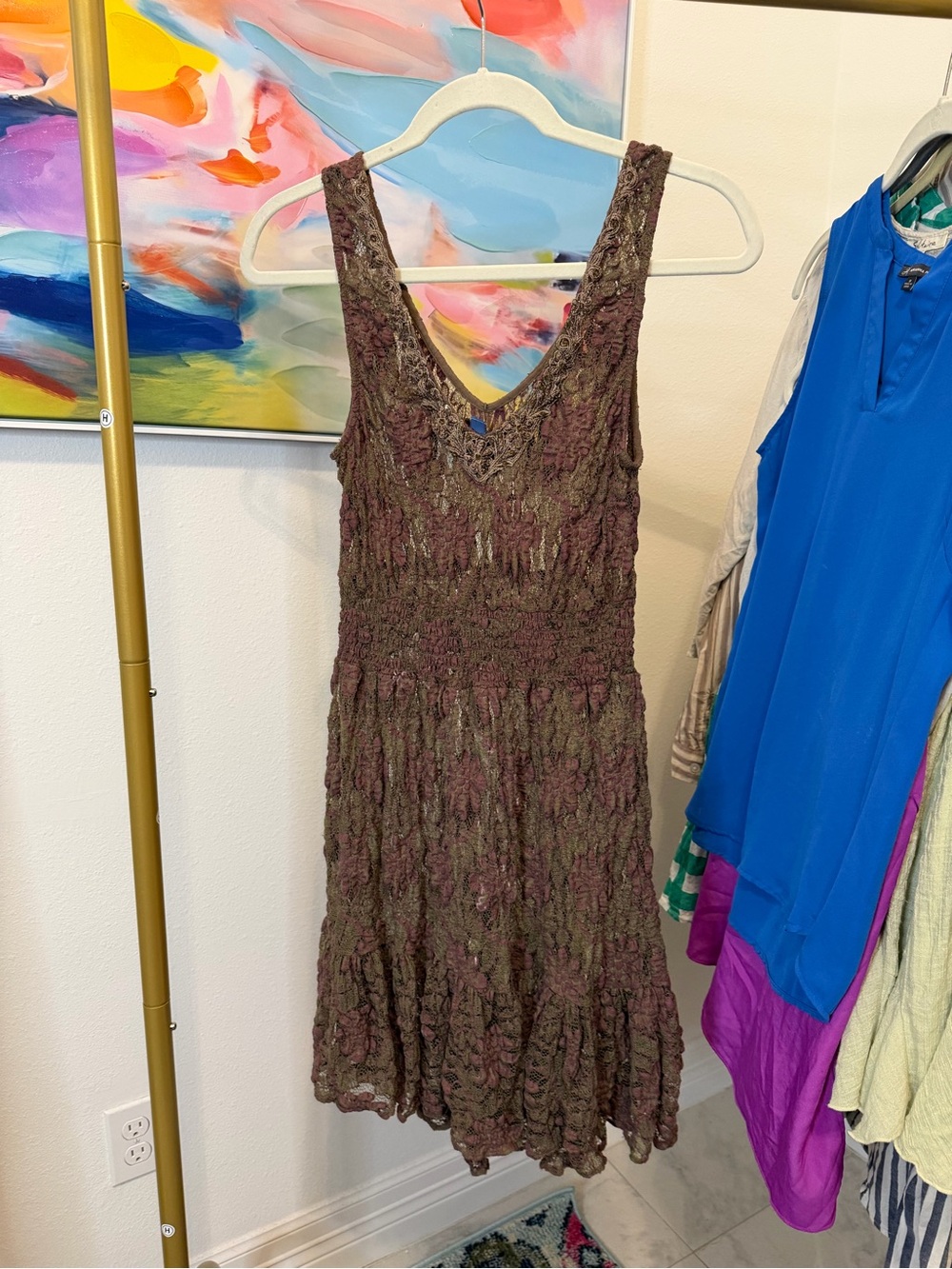 Free People Women’s Crochet V-Neck Sleeveless Dress in Olive Brown Medium
